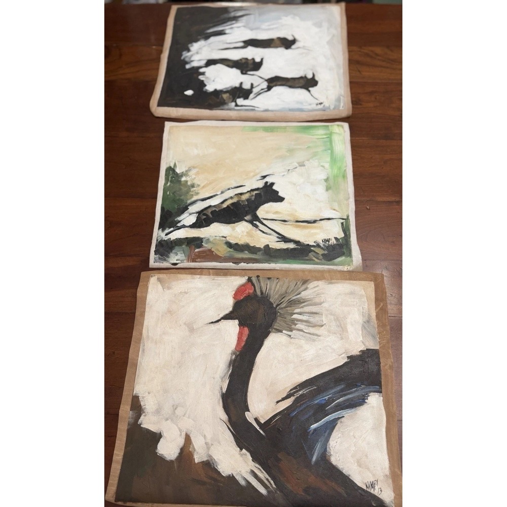Salum‎ Kambi Signed Original Triptych Art Paintings Set of 3 African Wildlife